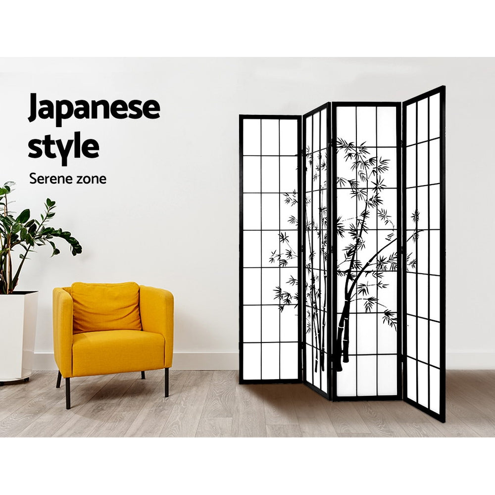 4-Panel Room Divider – 174x179cm, Bamboo Black White | Artiss
