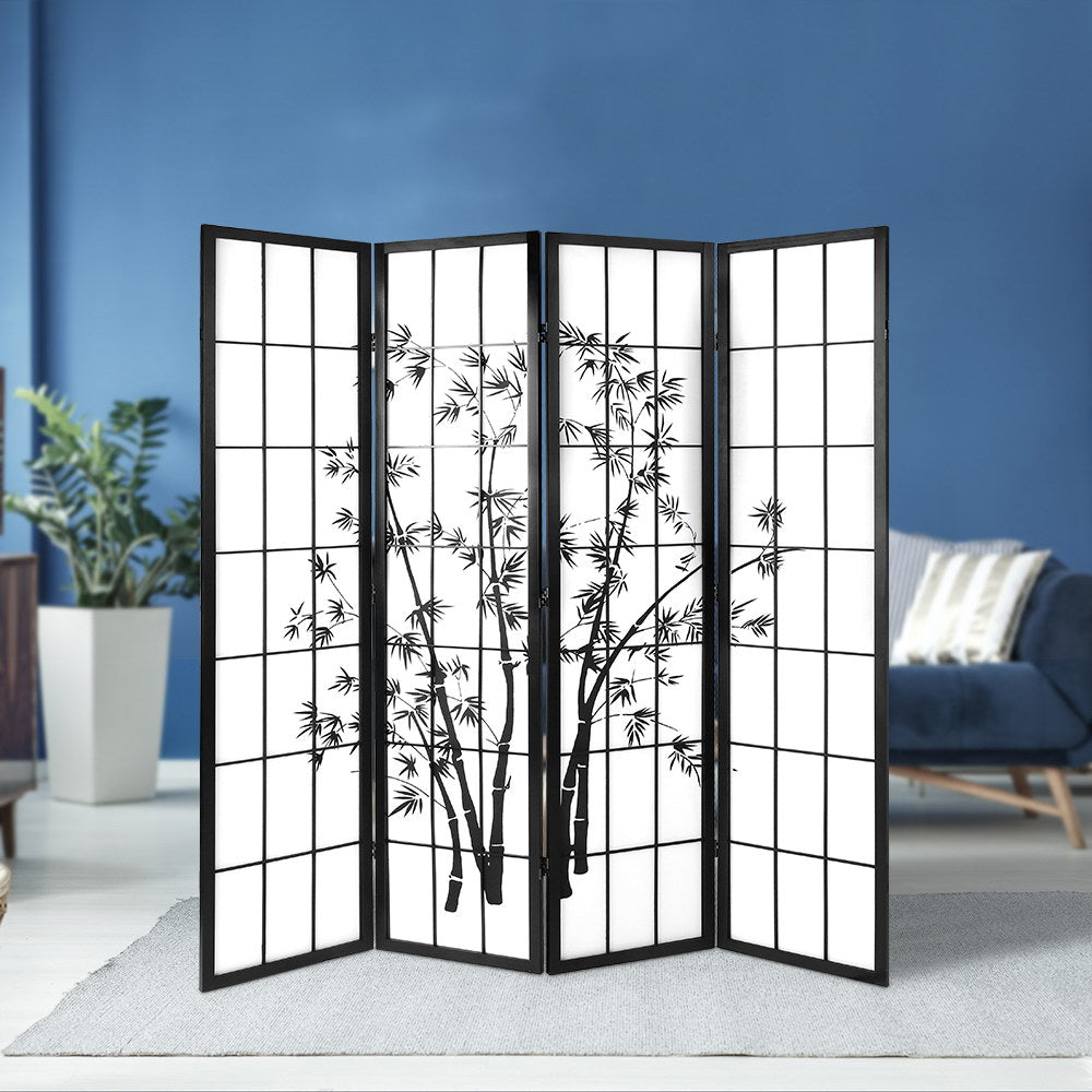 4-Panel Room Divider – 174x179cm, Bamboo Black White | Artiss