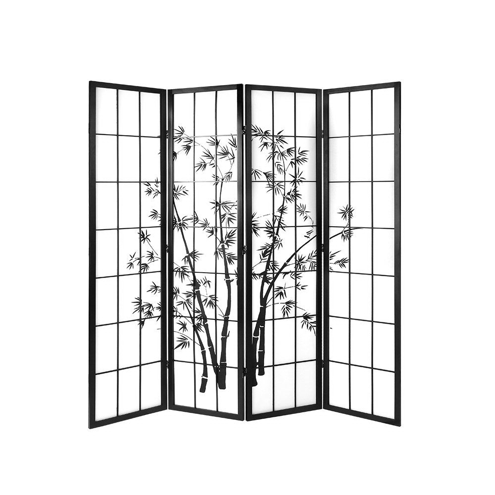 4-Panel Room Divider – 174x179cm, Bamboo Black White | Artiss