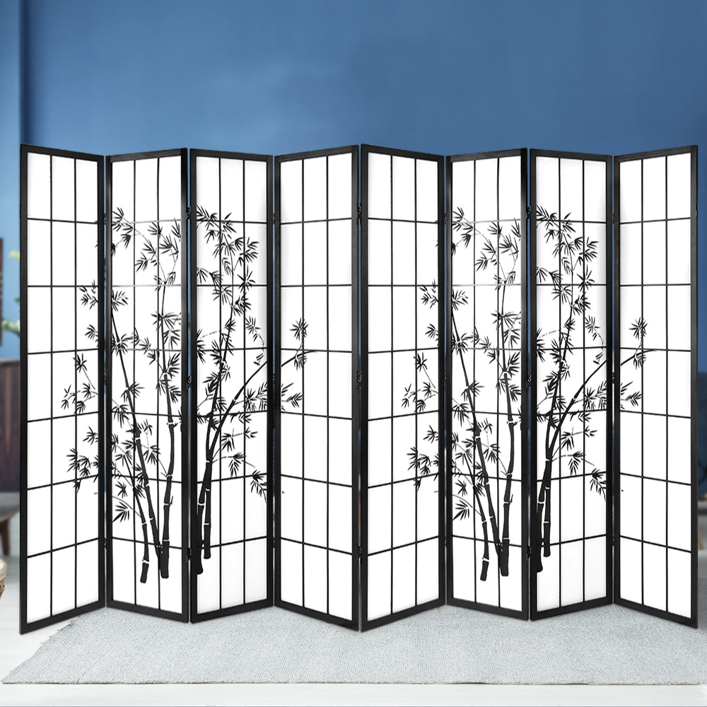 8-Panel Room Divider – 348x179cm, Bamboo Black White | Artiss