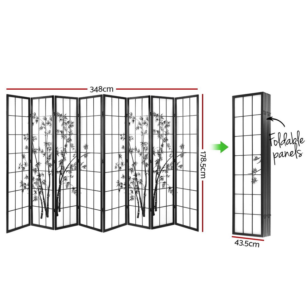 8-Panel Room Divider – 348x179cm, Bamboo Black White | Artiss