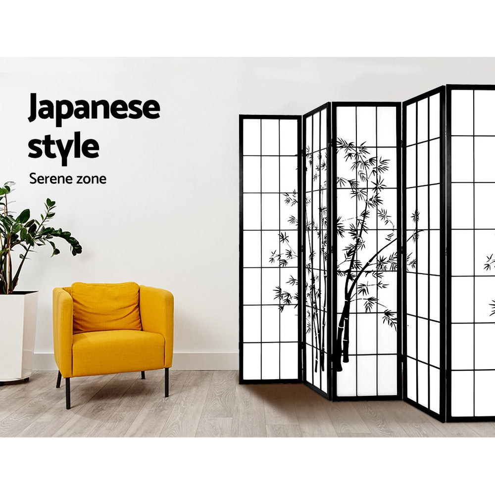 8-Panel Room Divider – 348x179cm, Bamboo Black White | Artiss
