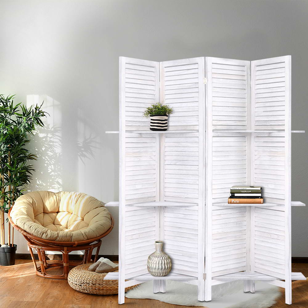 4-Panel Room Divider – 163x170cm, Shelf White | Artiss