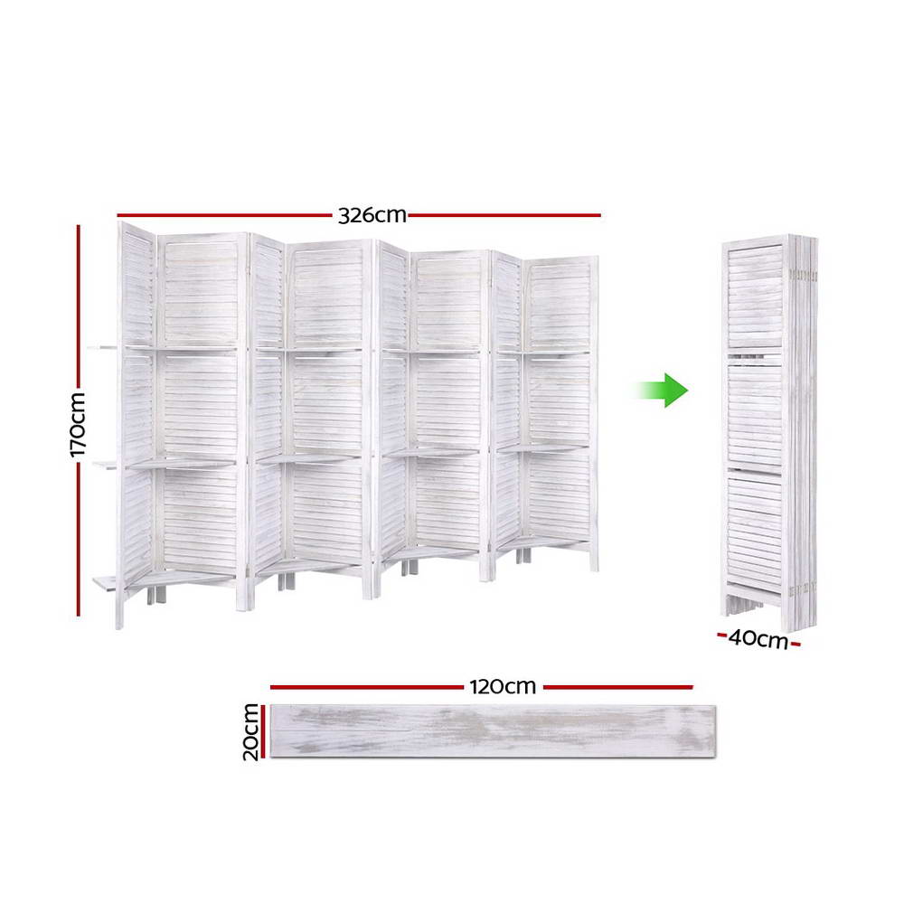 8-Panel Room Divider – 326x170cm, Shelf White | Artiss