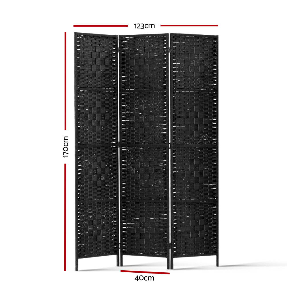 3-Panel Room Divider – 123x170cm, Woven Black | Artiss