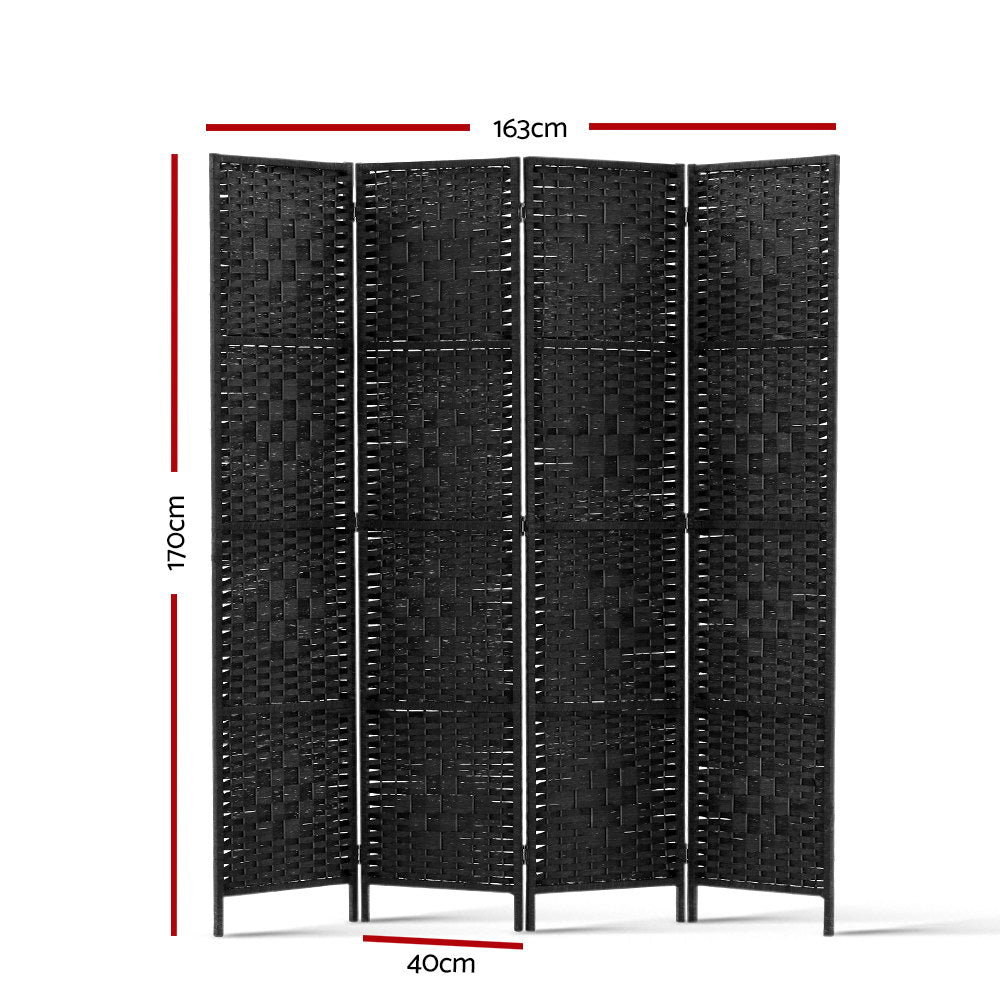 4-Panel Room Divider – 163x170cm, Woven Black | Artiss
