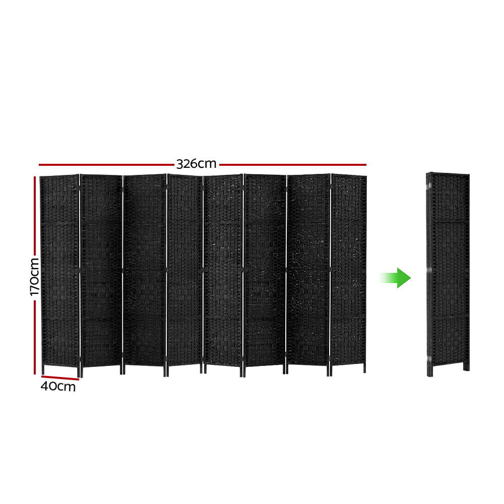 8-Panel Room Divider – 326x170cm, Woven Black | Artiss