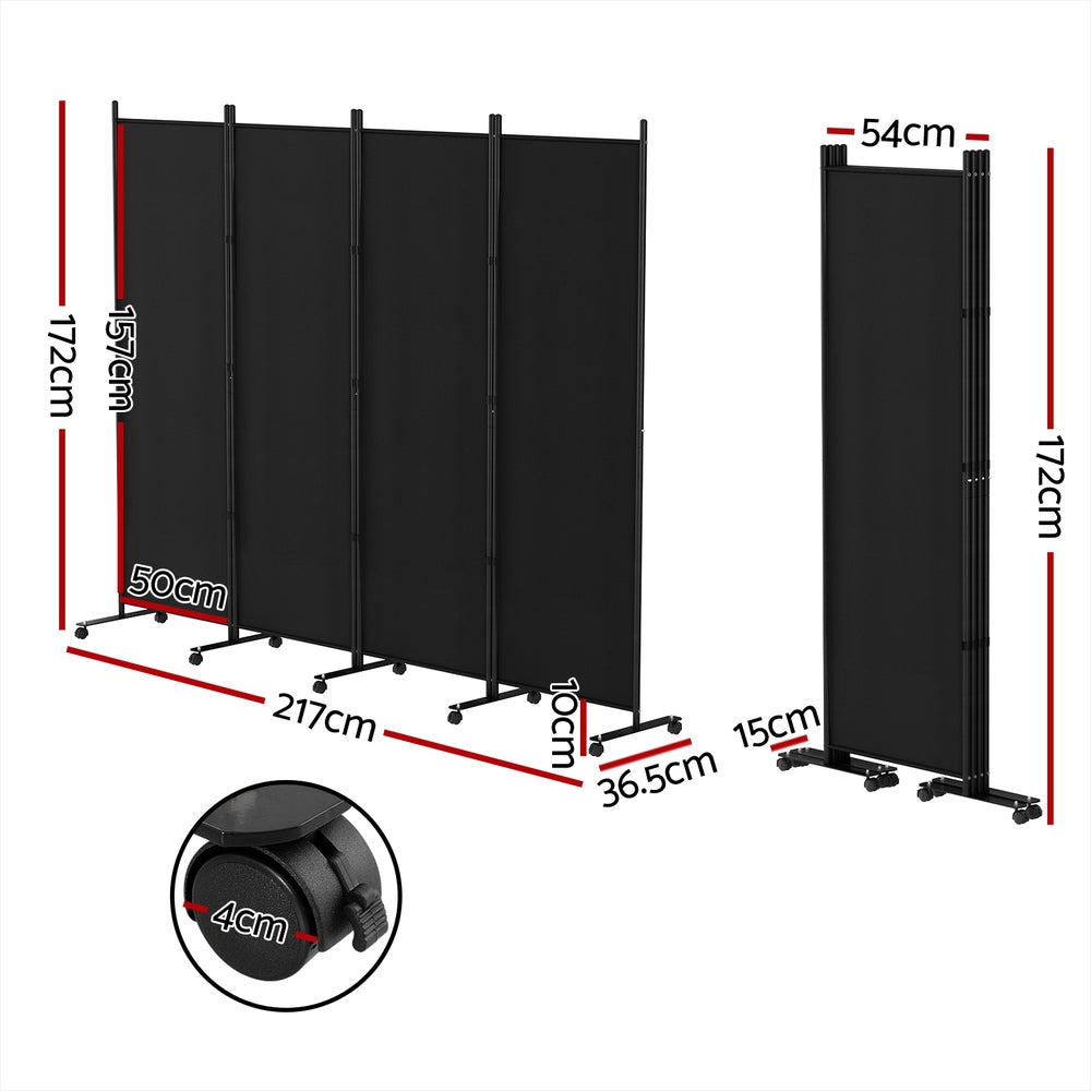 4-Panel Room Divider – 217cm, Wheel Fabric Black | Artiss