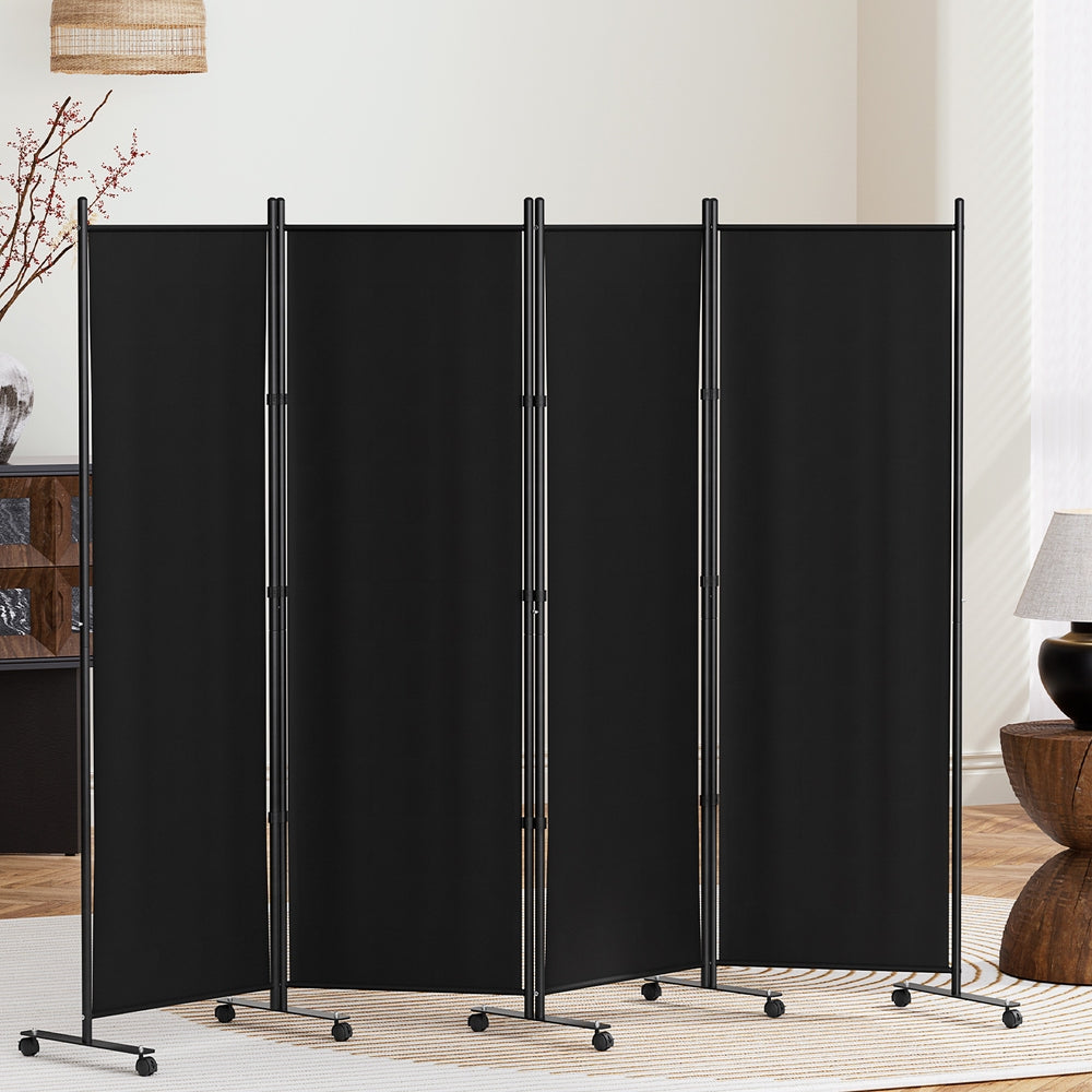 4-Panel Room Divider – 217cm, Wheel Fabric Black | Artiss