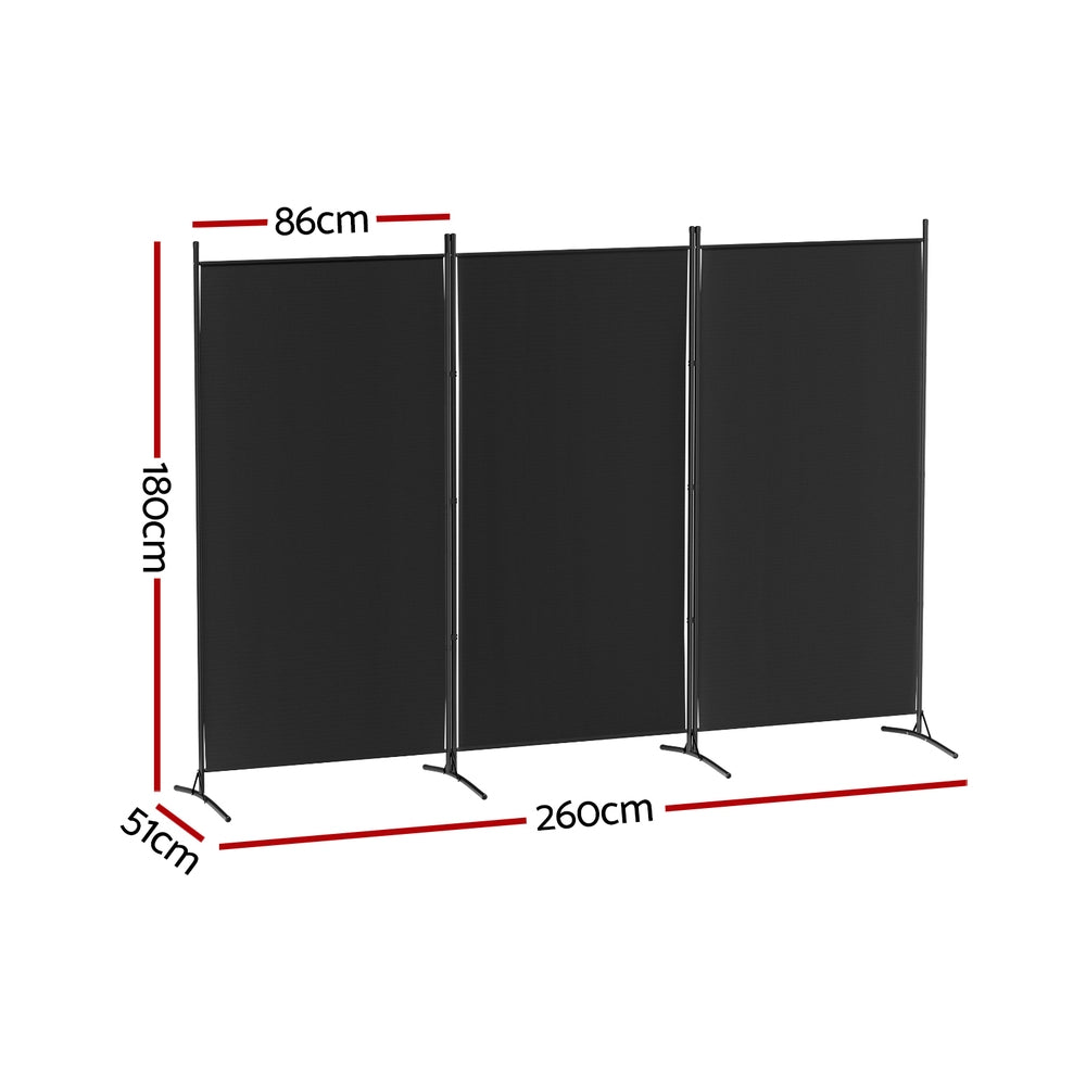 3-Panel Room Divider – 260x180cm, Fabric Black | Artiss