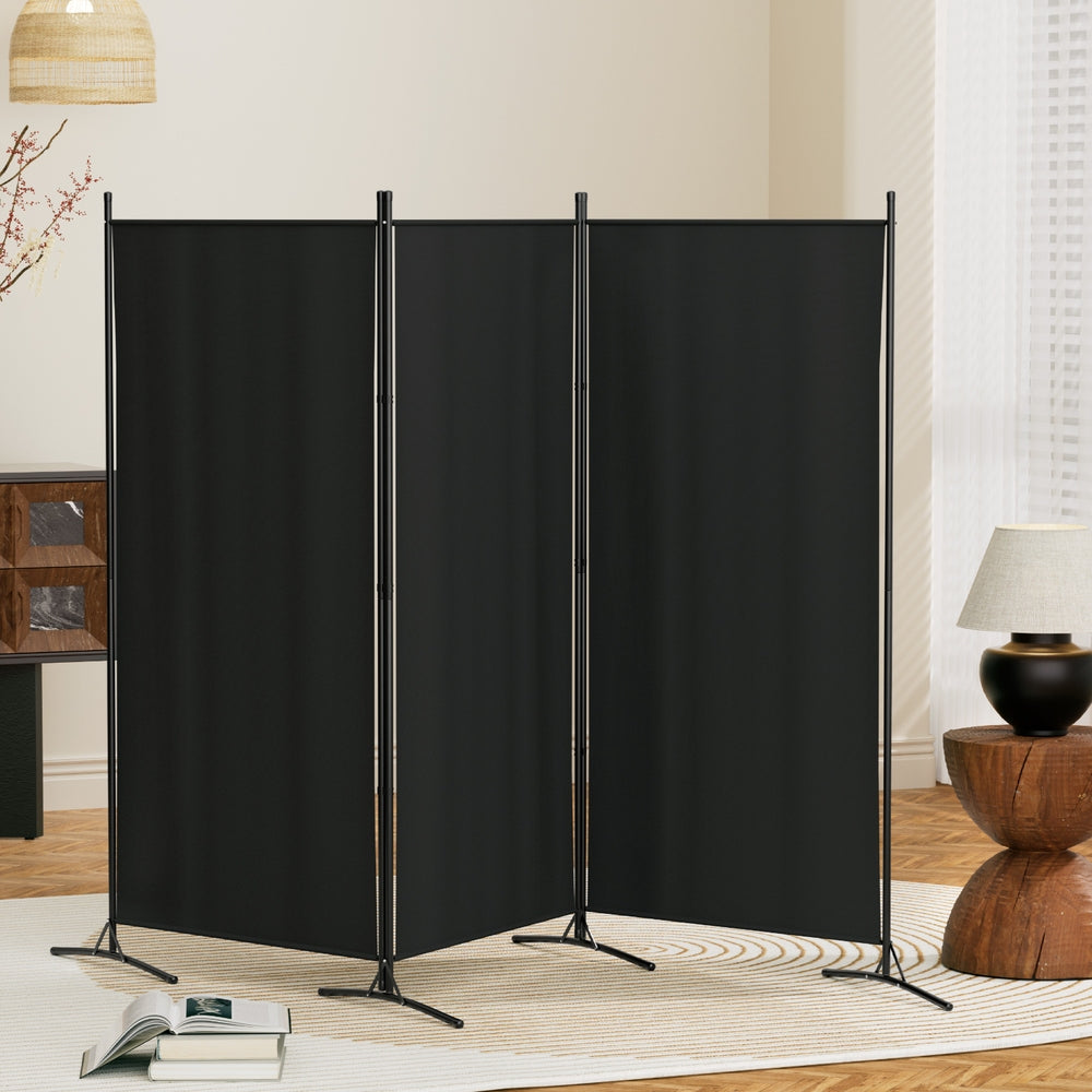 3-Panel Room Divider – 260x180cm, Fabric Black | Artiss