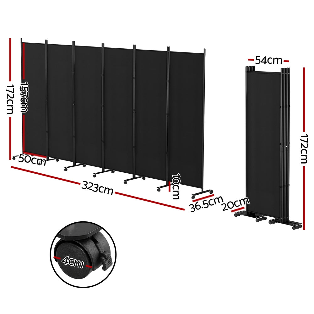 6-Panel Room Divider – 323cm, Wheel Fabric Black | Artiss