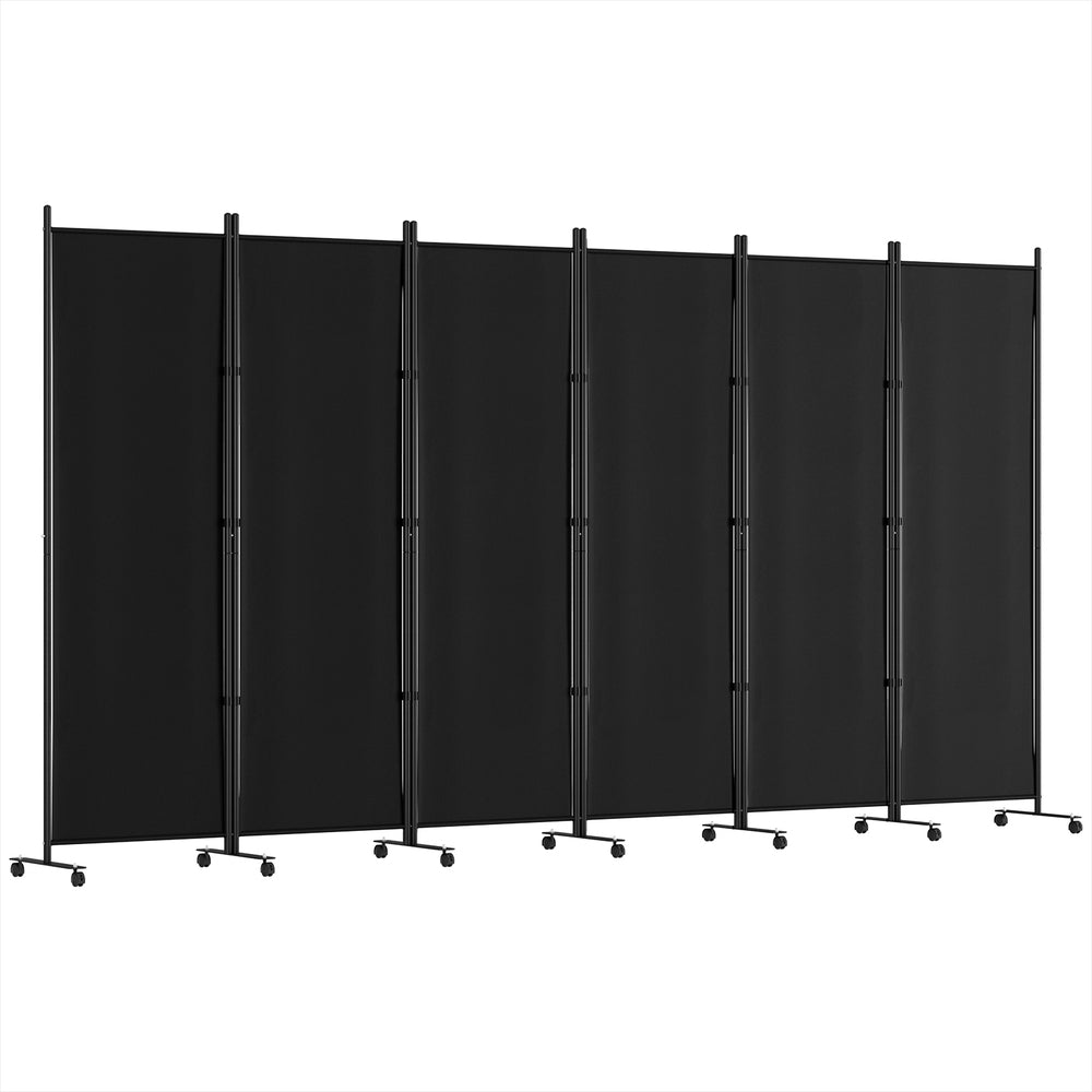 6-Panel Room Divider – 323cm, Wheel Fabric Black | Artiss