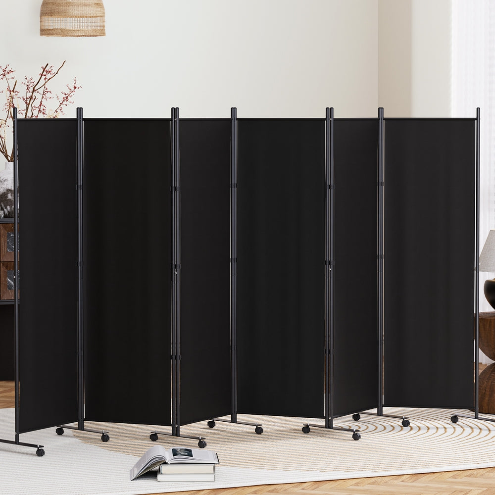 6-Panel Room Divider – 323cm, Wheel Fabric Black | Artiss