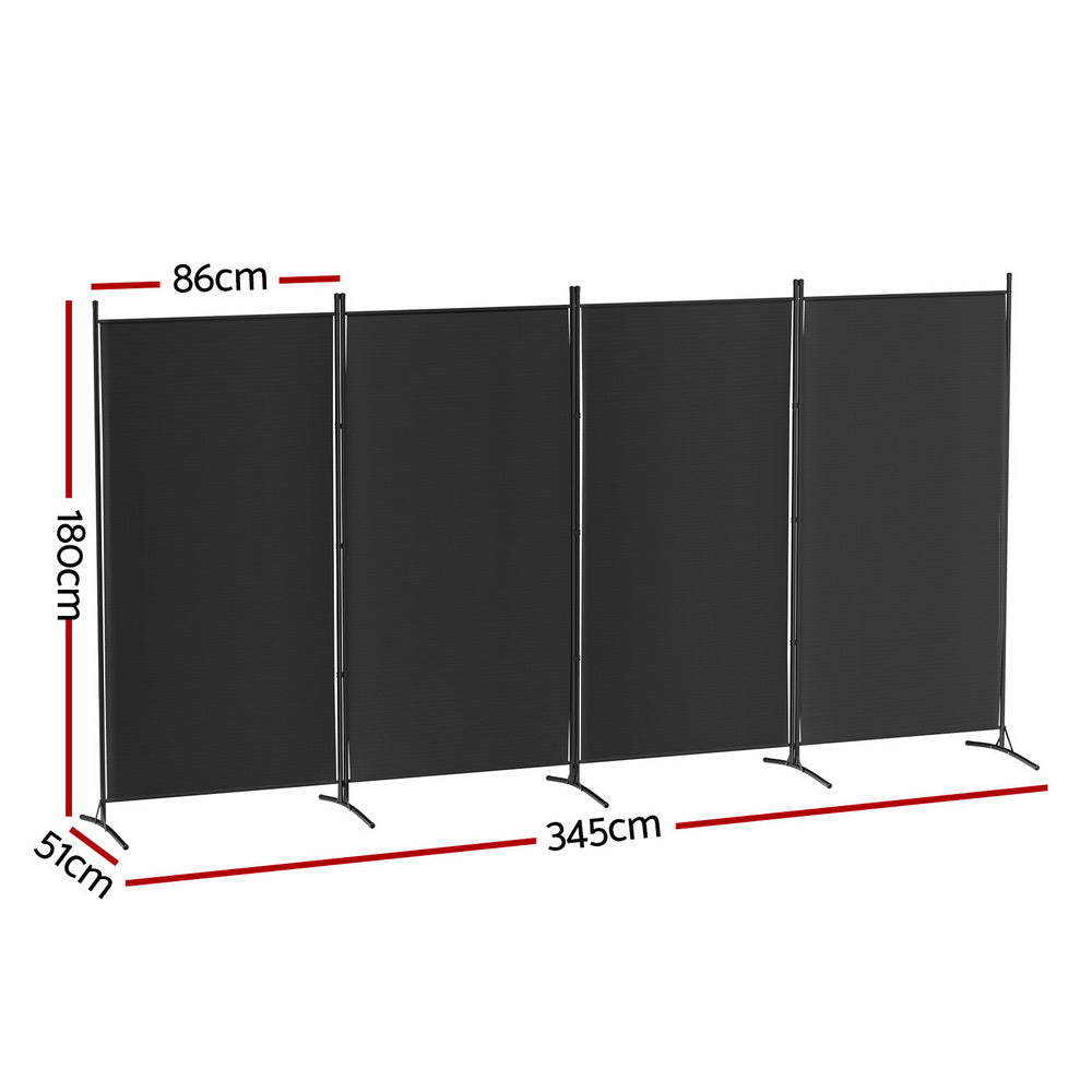 4-Panel Room Divider – 345x180cm, Fabric Black | Artiss