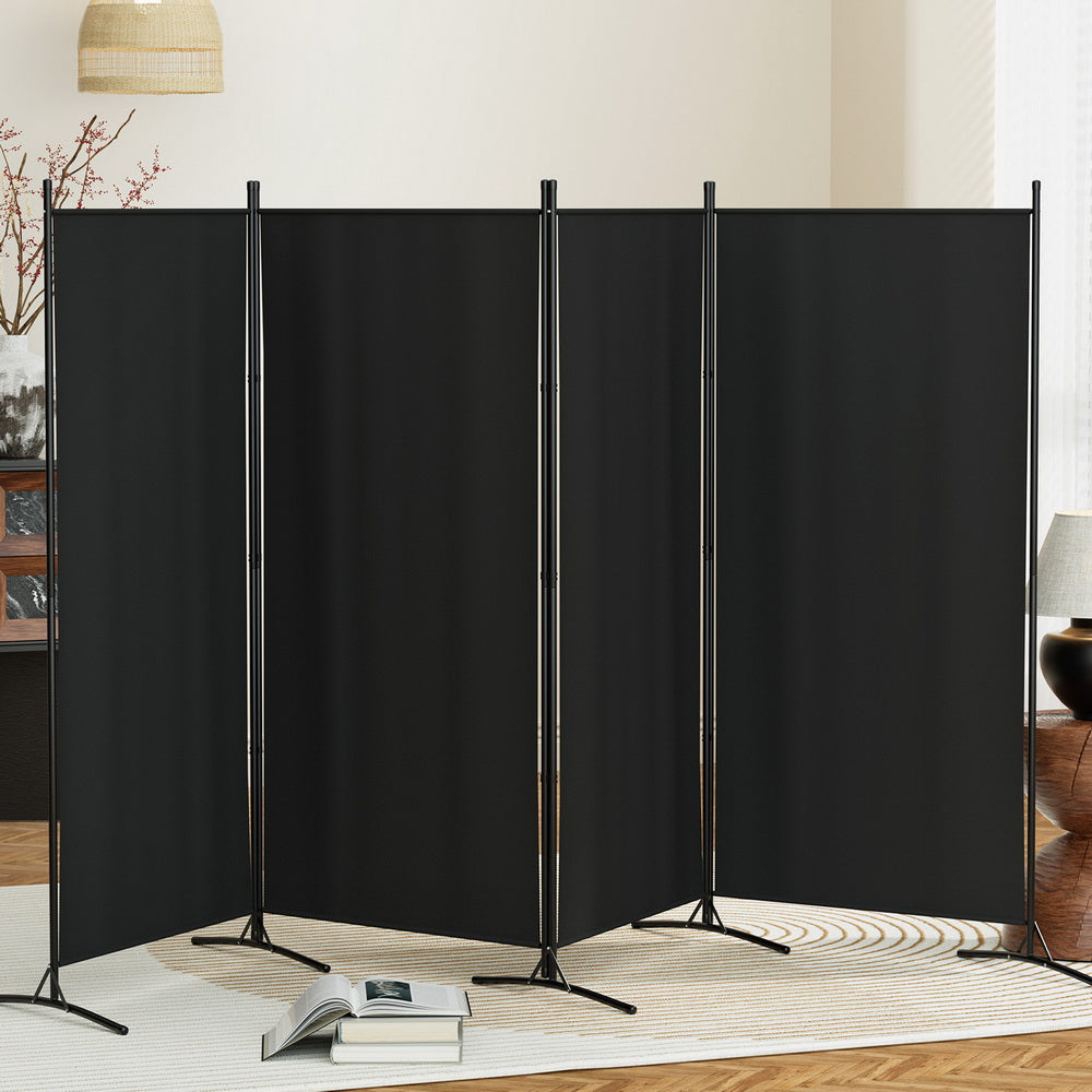 4-Panel Room Divider – 345x180cm, Fabric Black | Artiss