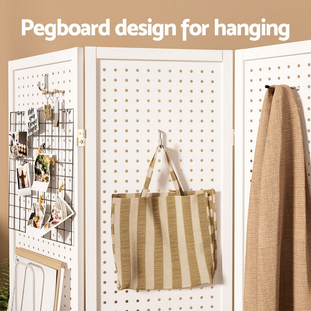 4-Panel Room Divider – 164x170cm, Pegboard White | Artiss