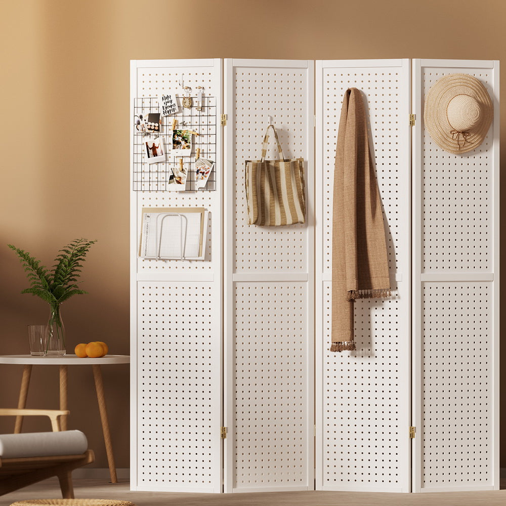 4-Panel Room Divider – 164x170cm, Pegboard White | Artiss