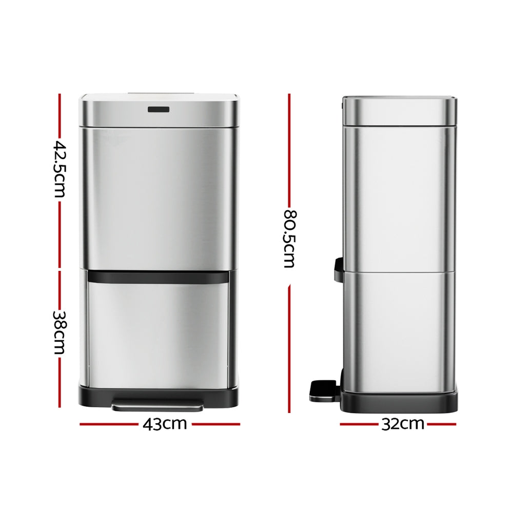 Devanti 70L Dual-Compartment Sensor & Pedal Bin – Silver