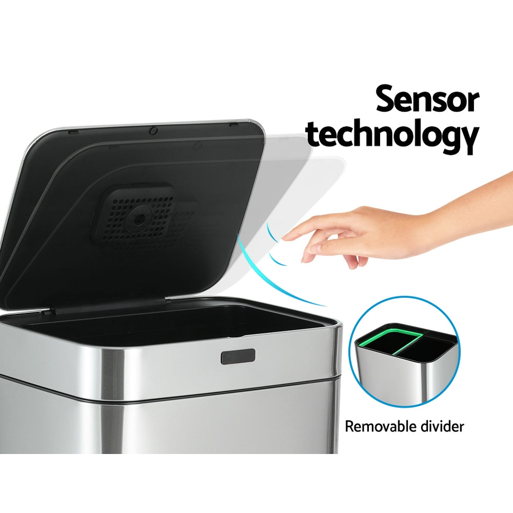 Devanti 70L Dual-Compartment Sensor & Pedal Bin – Silver