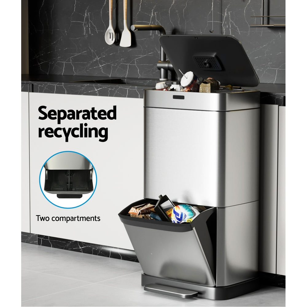 Devanti 70L Dual-Compartment Sensor & Pedal Bin – Silver