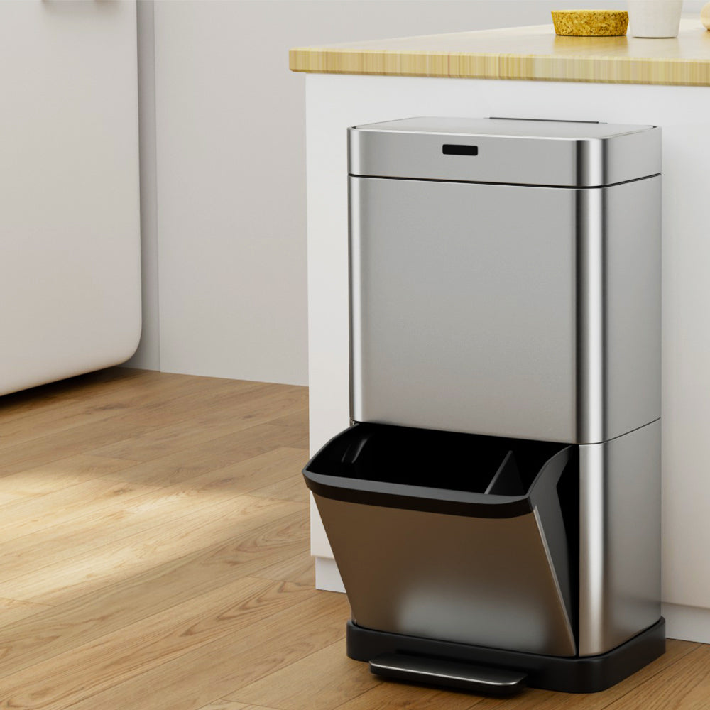 Devanti 70L Dual-Compartment Sensor & Pedal Bin – Silver
