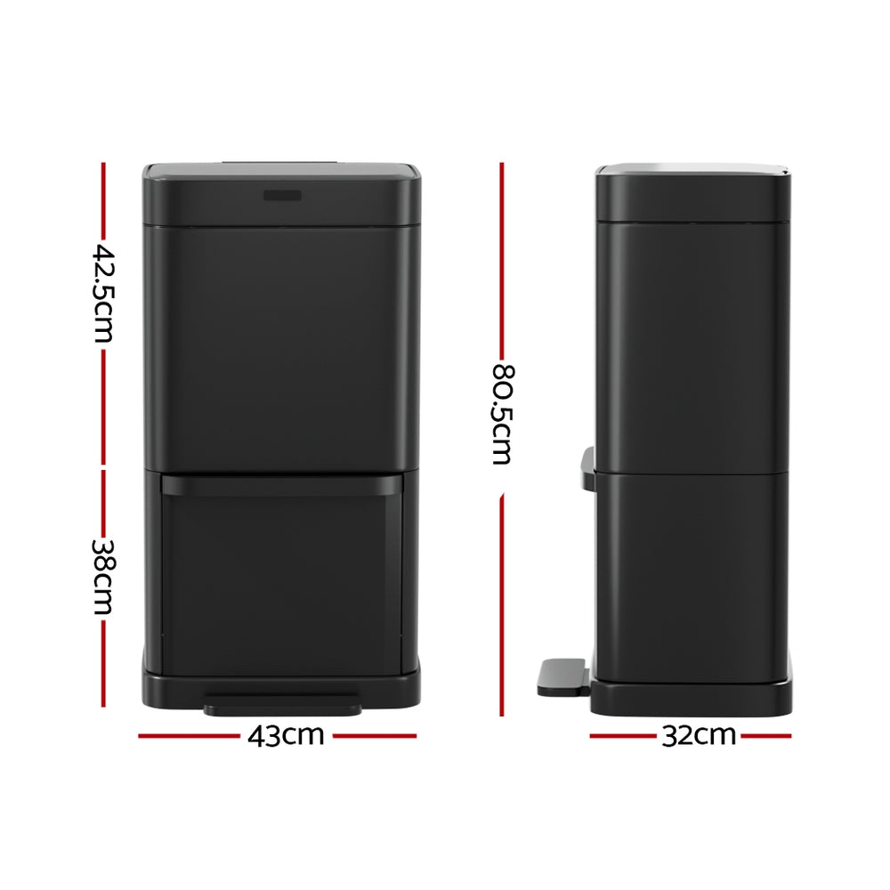 Devanti 70L Dual-Compartment Sensor & Pedal Bin – Black