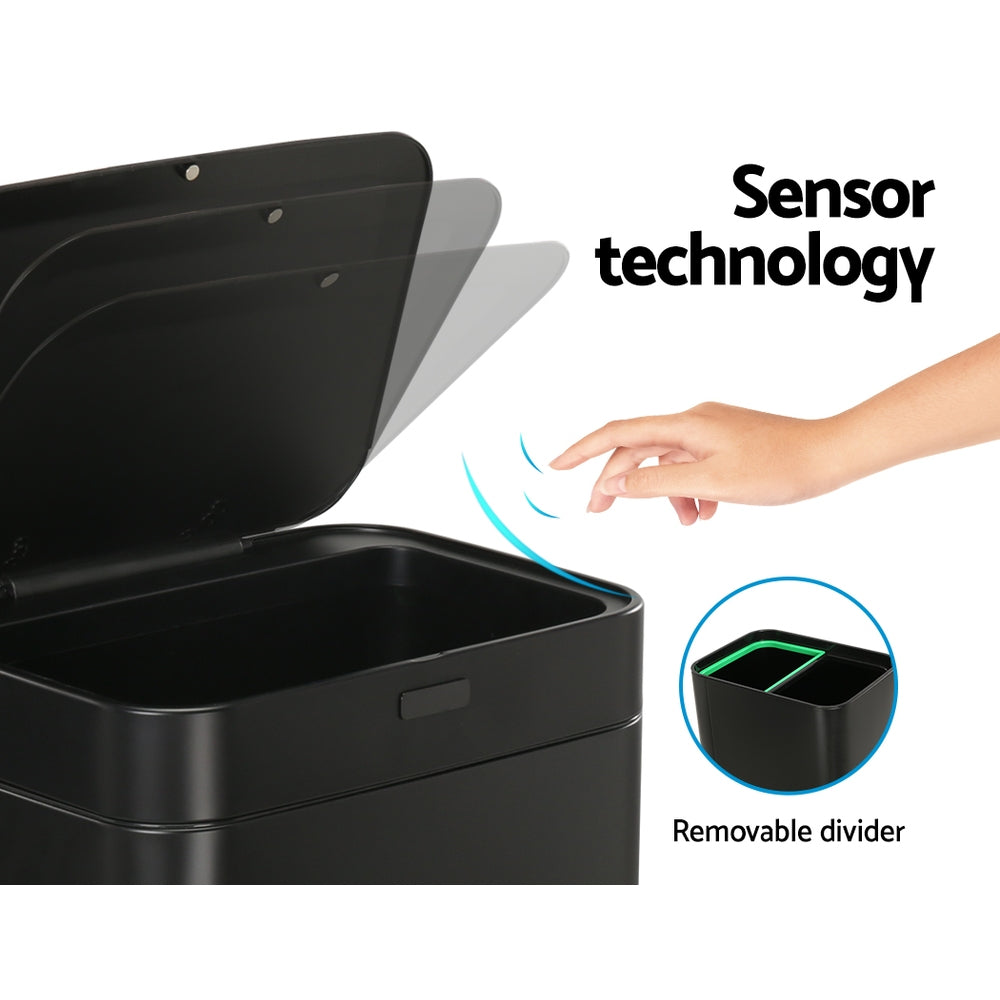 Devanti 70L Dual-Compartment Sensor & Pedal Bin – Black