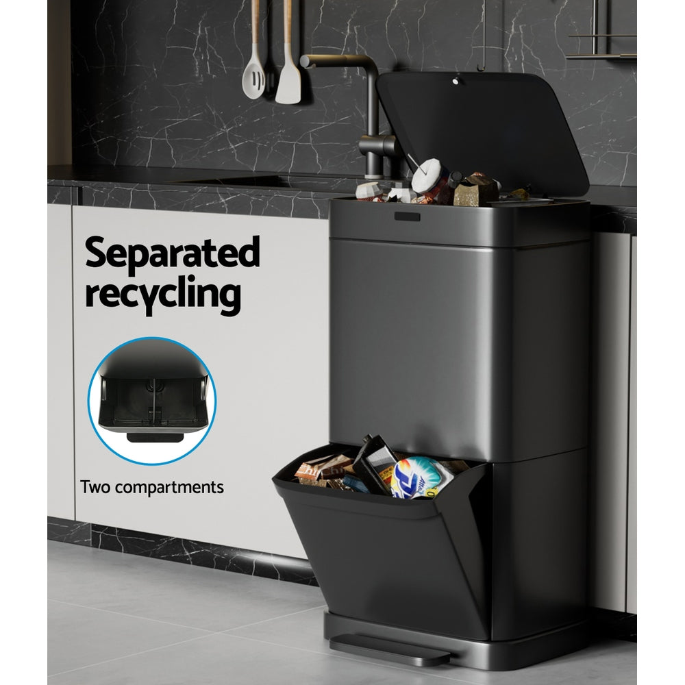 Devanti 70L Dual-Compartment Sensor & Pedal Bin – Black