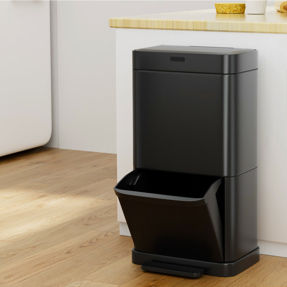 Devanti 70L Dual-Compartment Sensor & Pedal Bin – Black