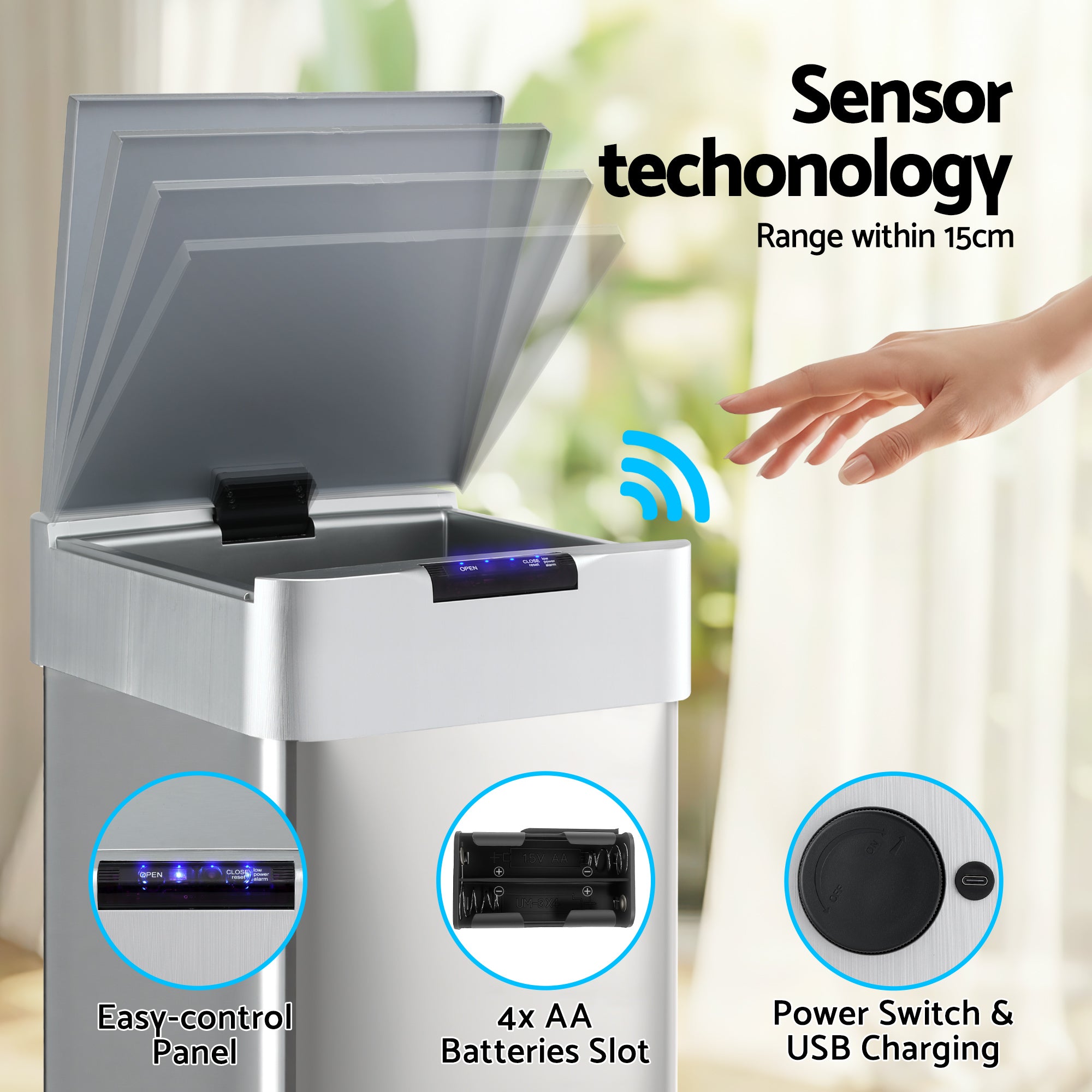 Devanti 50L Motion Sensor Bin – Silver