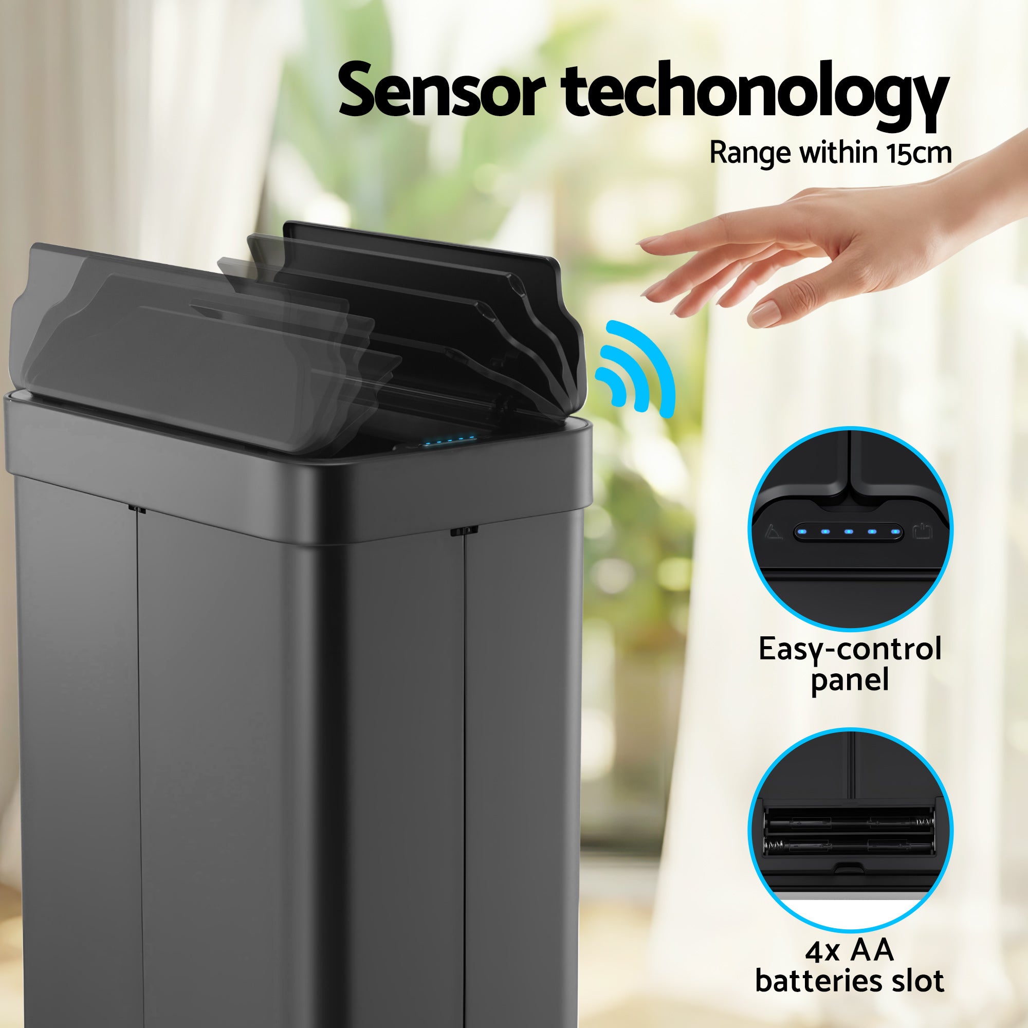 Devanti 70L Slim Dual-Wing Sensor Bin – Black
