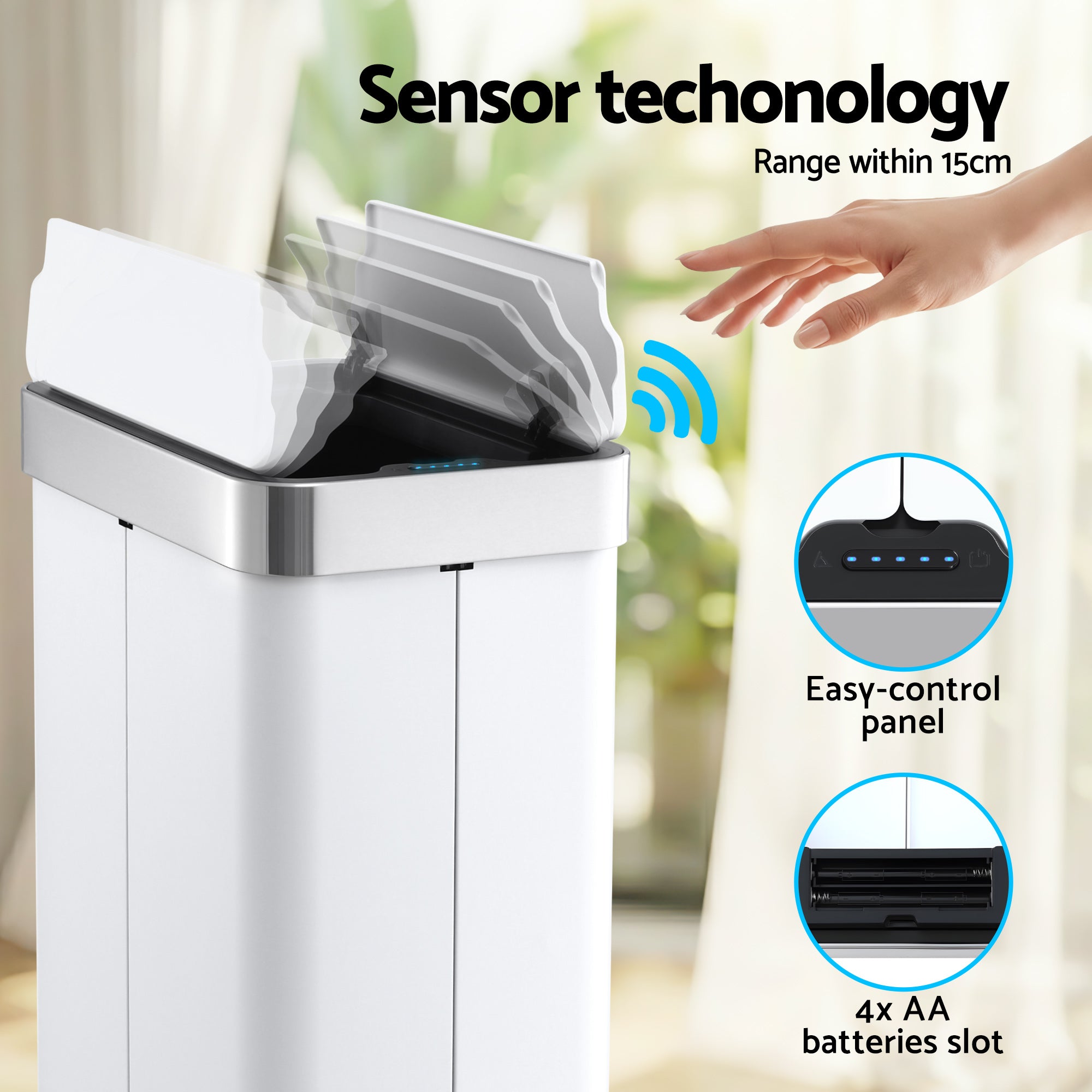 Devanti 70L Slim Dual-Wing Sensor Bin – White