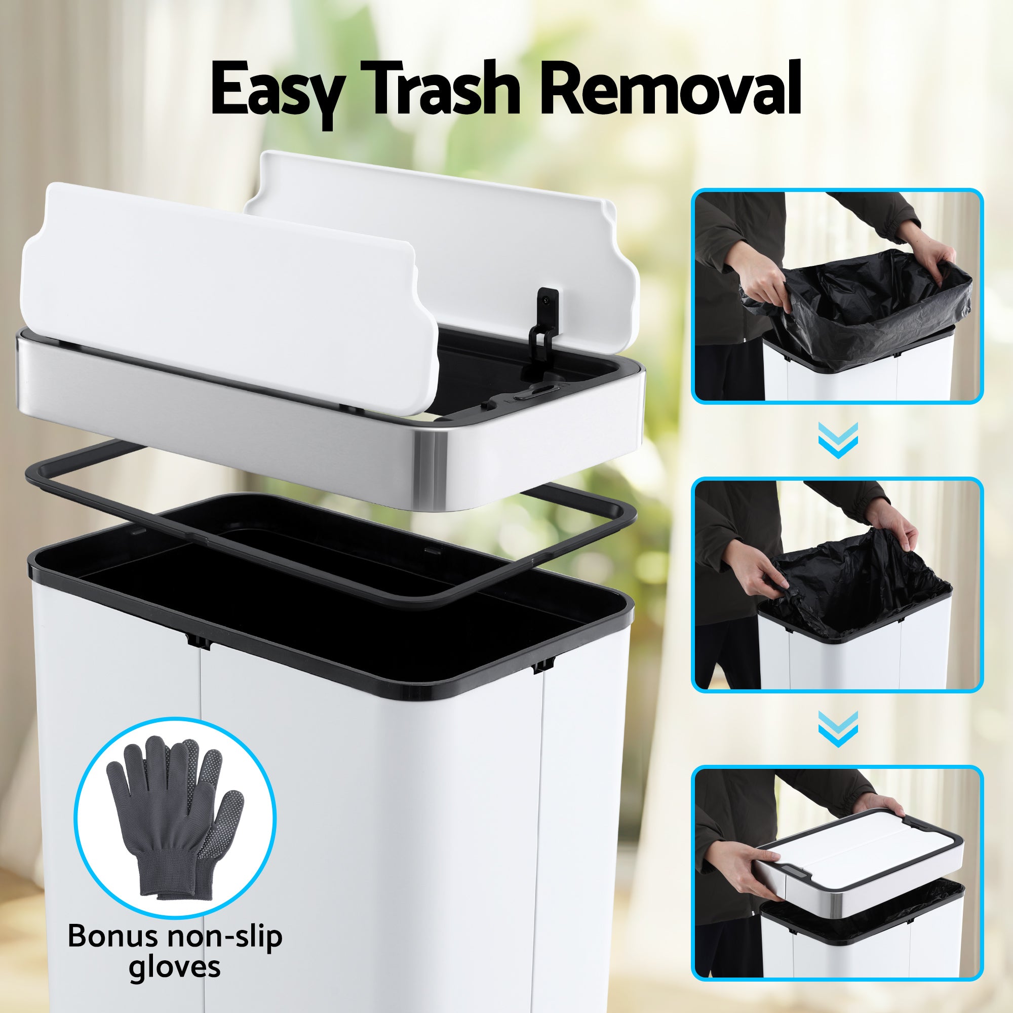 Devanti 70L Slim Dual-Wing Sensor Bin – White