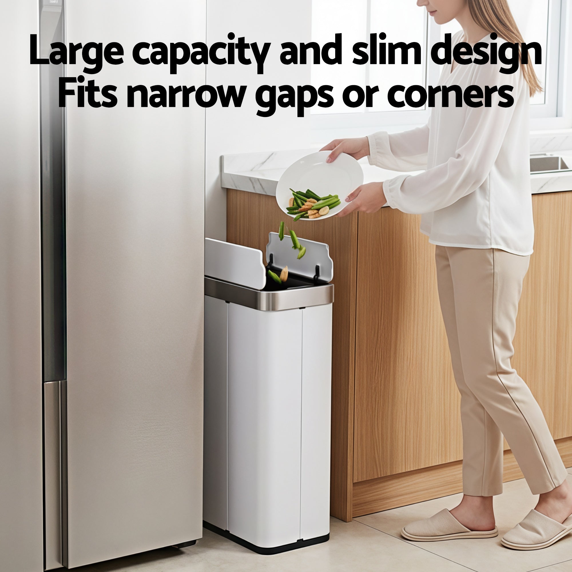 Devanti 70L Slim Dual-Wing Sensor Bin – White