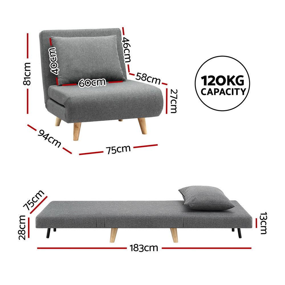 Artiss Sofa Bed Convertible Couch Recliner Lounge Chair Linen Grey