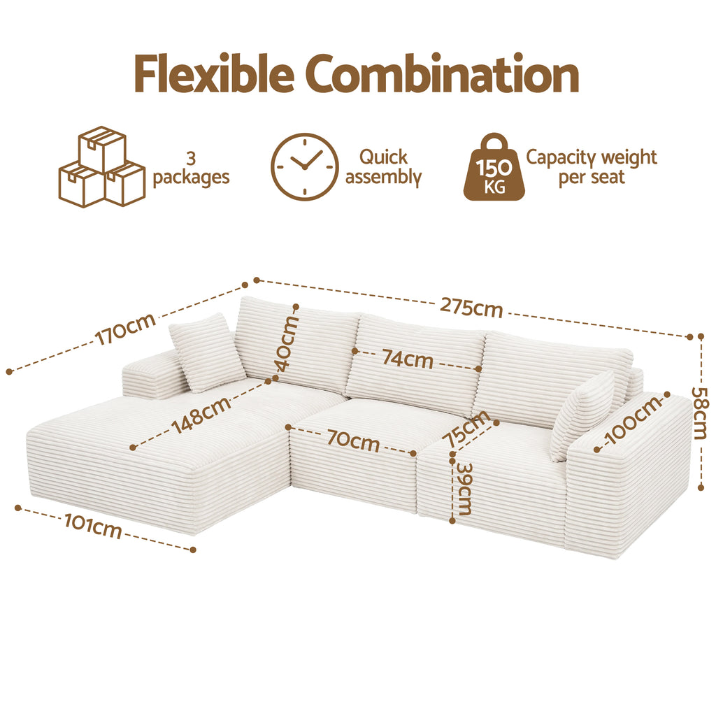 Artiss Modular Sectional Boneless Sofa Bed – White Corduroy