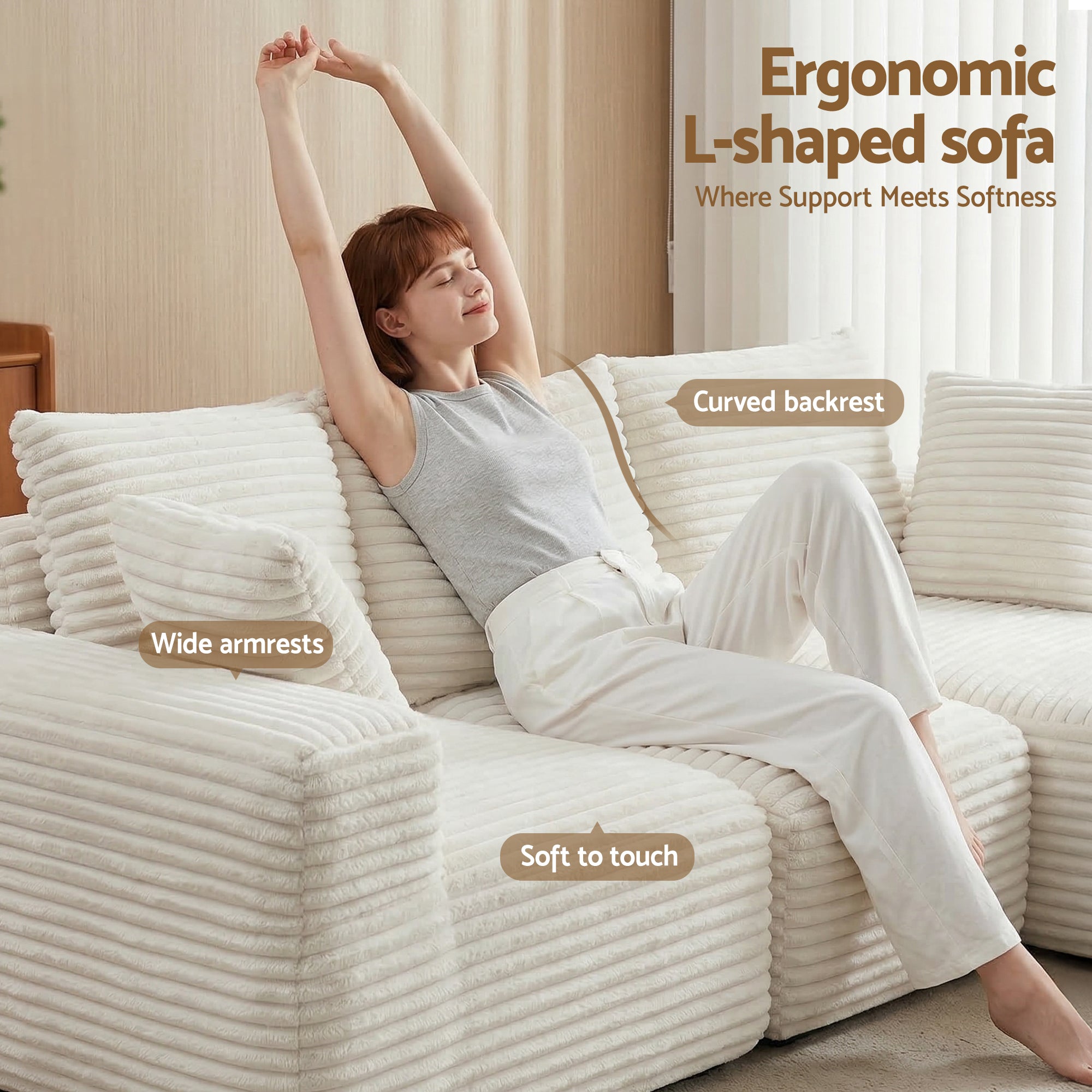 Artiss Modular Sectional Boneless Sofa Bed – White Corduroy