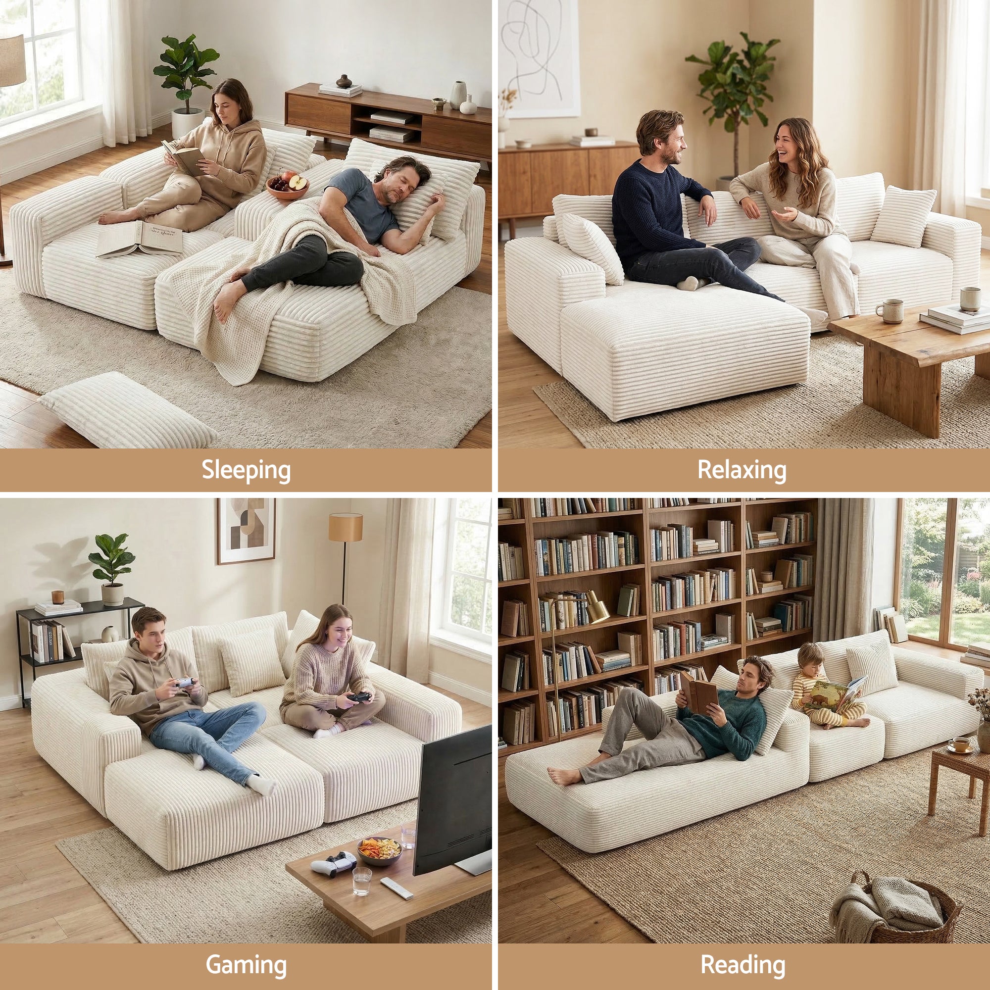 Artiss Modular Sectional Boneless Sofa Bed – White Corduroy