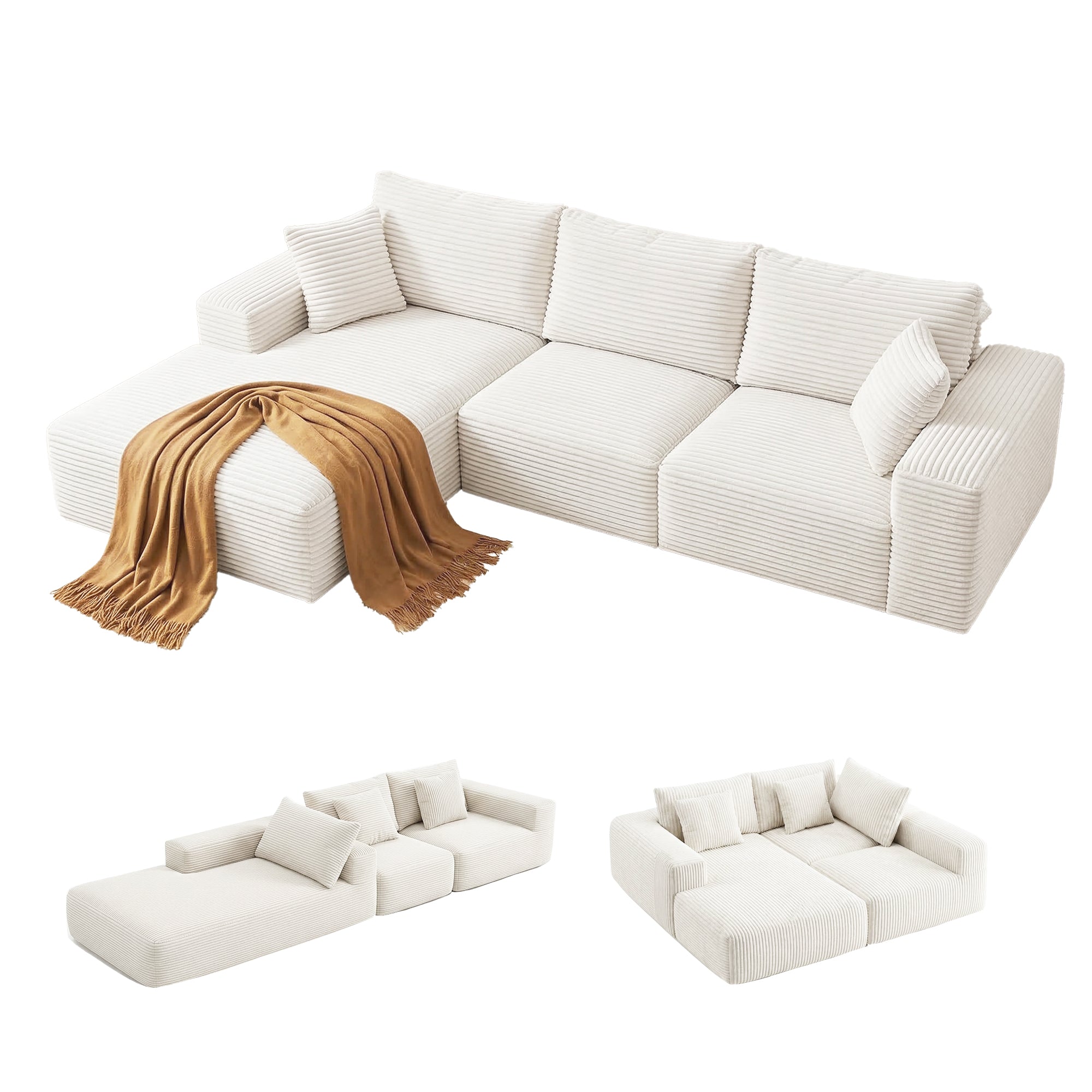 Artiss Modular Sectional Boneless Sofa Bed – White Corduroy