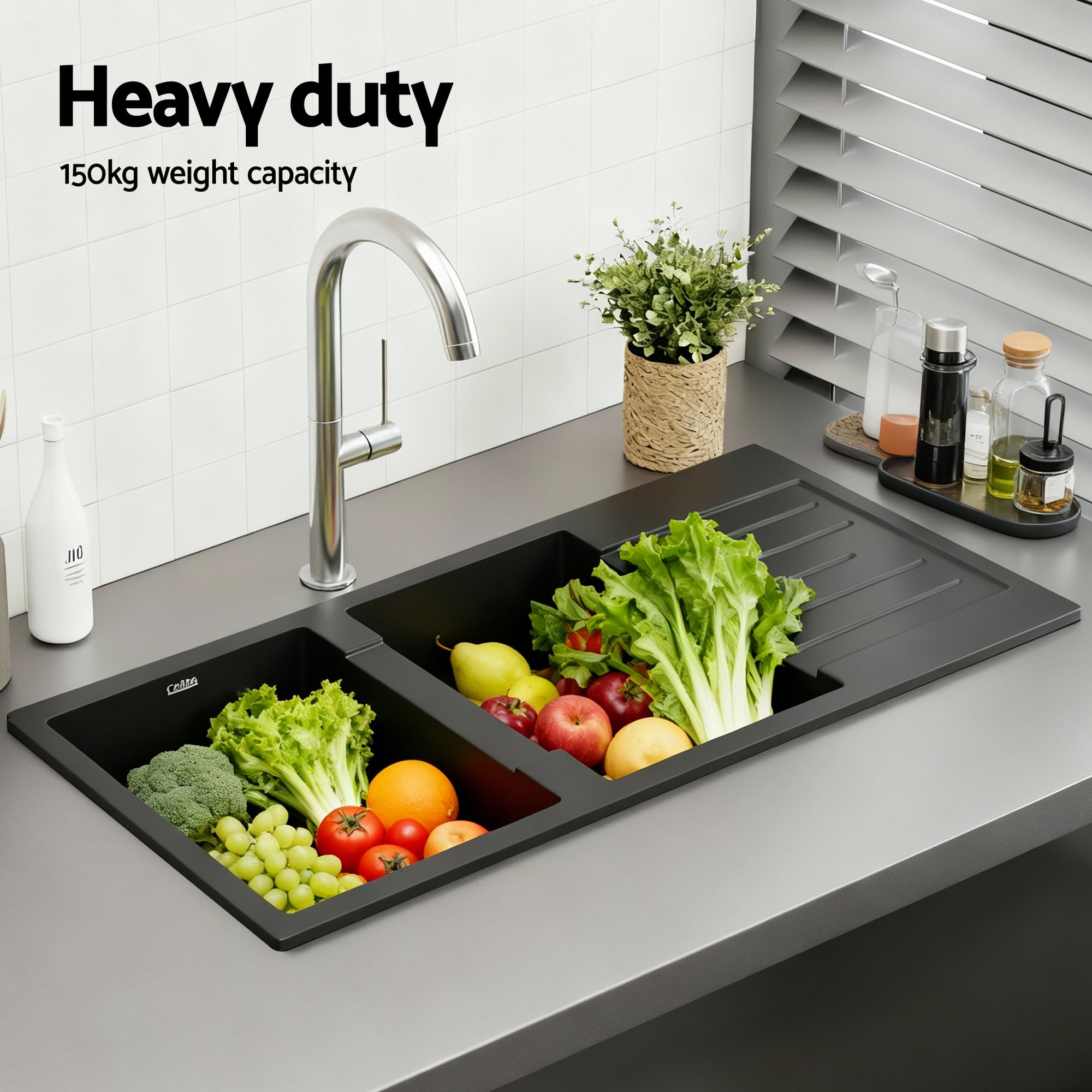Cefito Kitchen Sink 116x50cm Granite Stone Sink Double Bowl Black