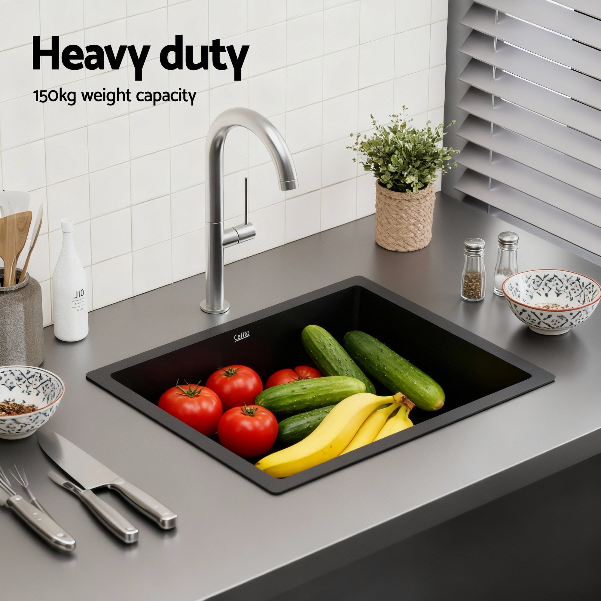 Cefito Kitchen Sink 55x45cm Granite Stone Sink Single Bowl Black
