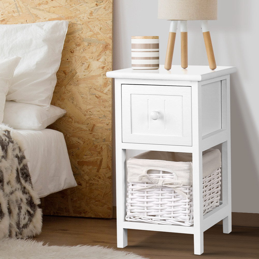 Artiss Claire Bedside Tables with Drawer and Basket – White, Set of 2