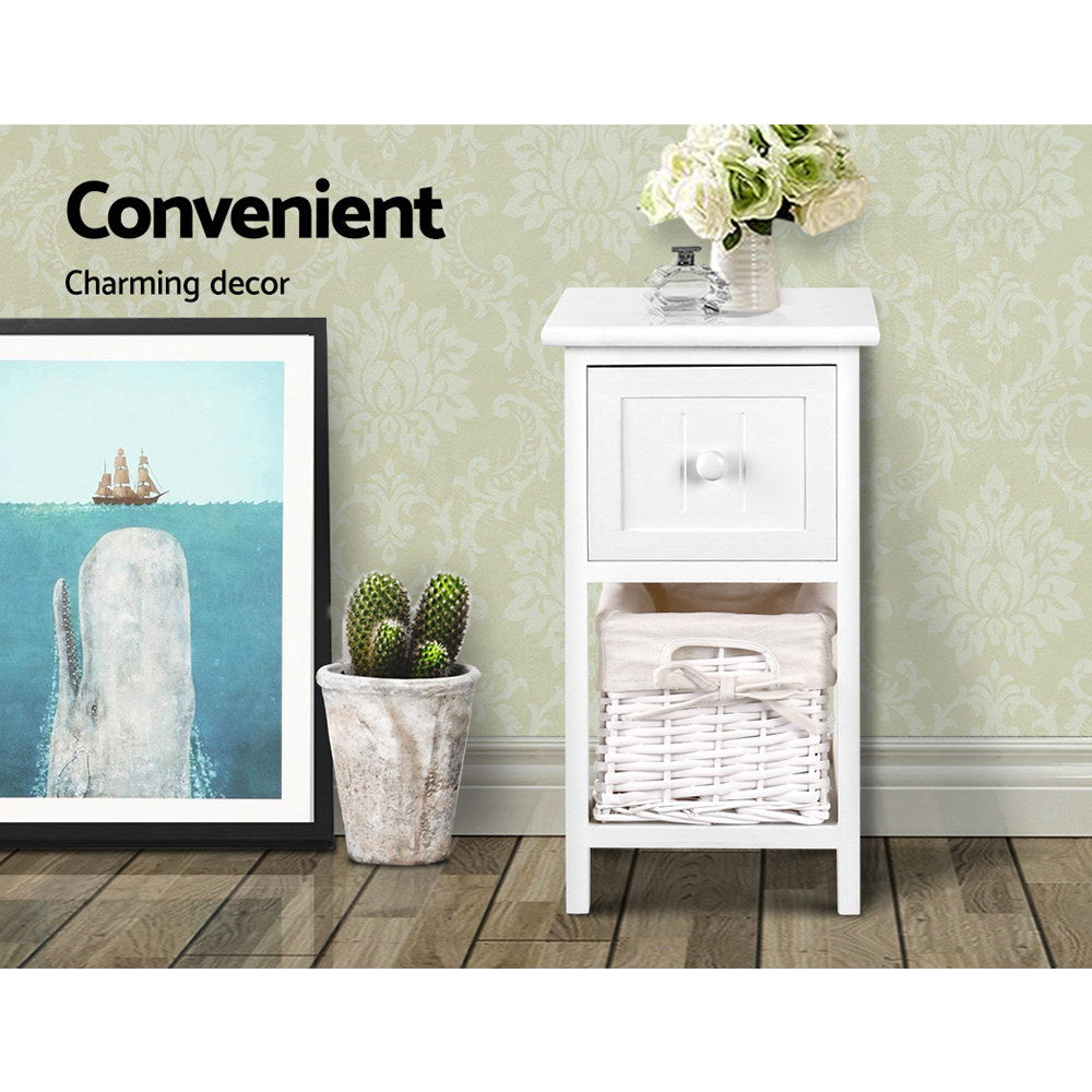 Artiss Claire Bedside Tables with Drawer and Basket – White, Set of 2