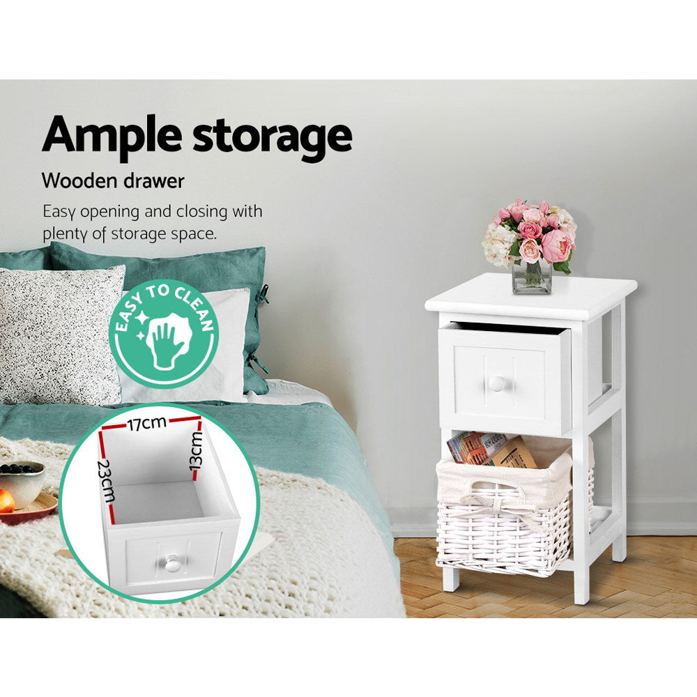 Artiss Claire Bedside Tables with Drawer and Basket – White, Set of 2