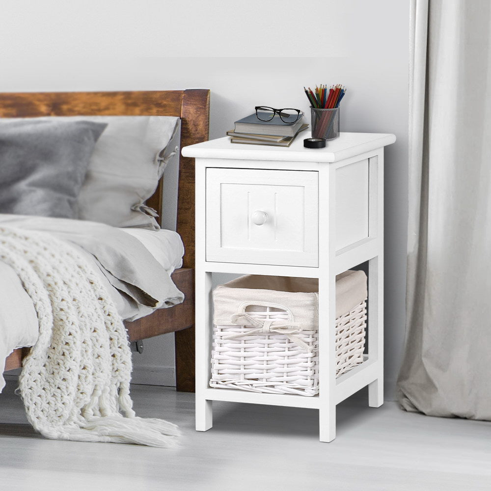 Artiss Claire Bedside Tables with Drawer and Basket – White, Set of 2