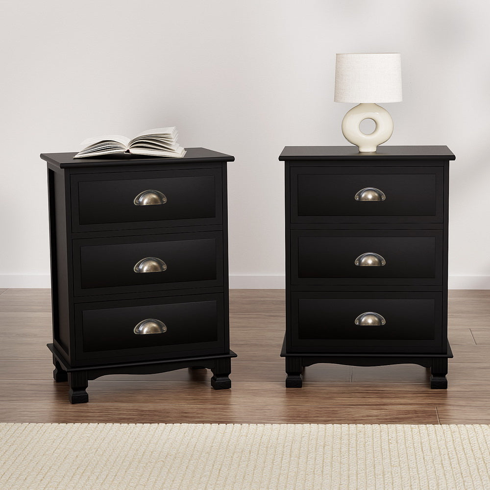 Artiss Thyme Paulownia-Wood Bedside Tables – Black, Set of 2