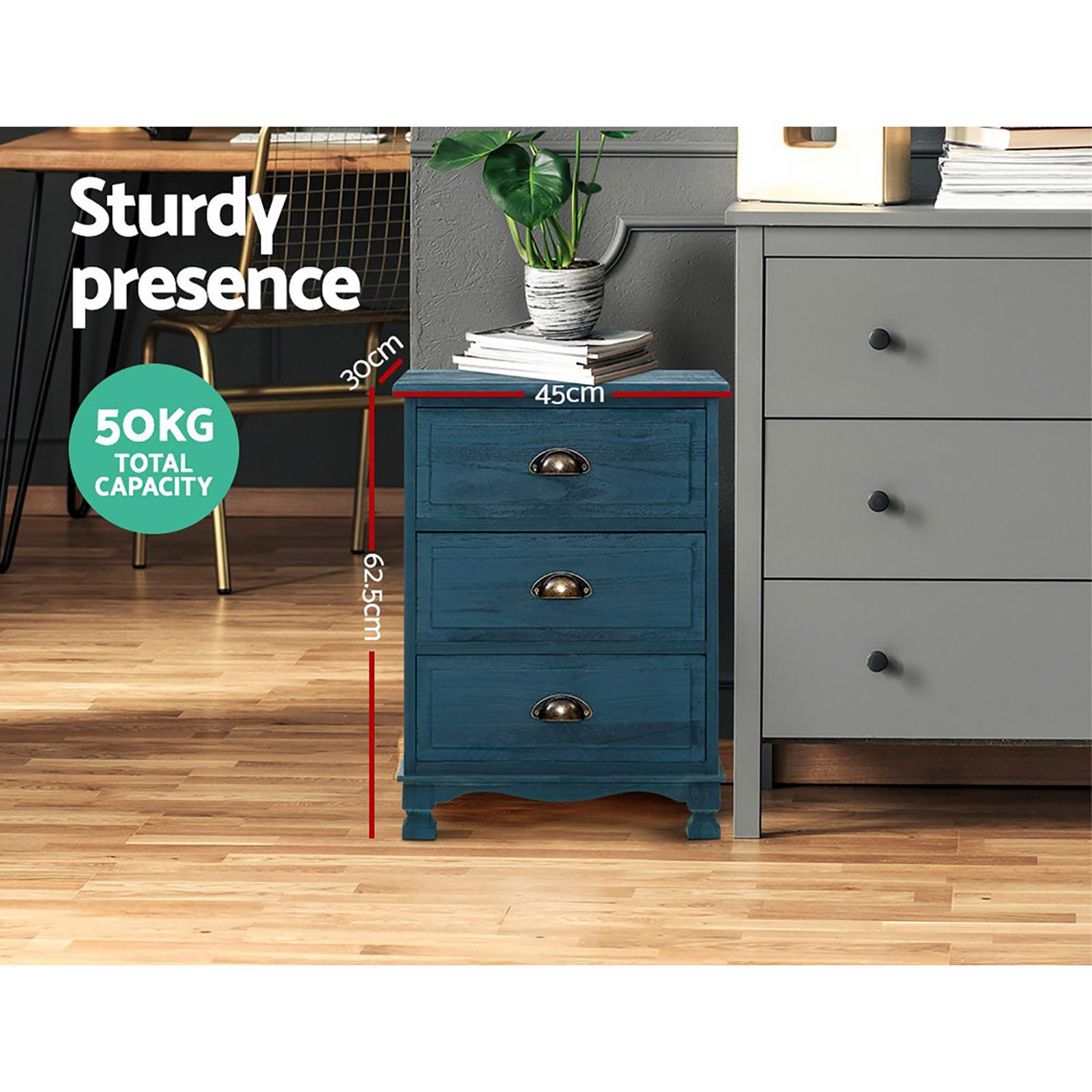 Artiss Thyme Paulownia-Wood Bedside Tables – Blue, Set of 2