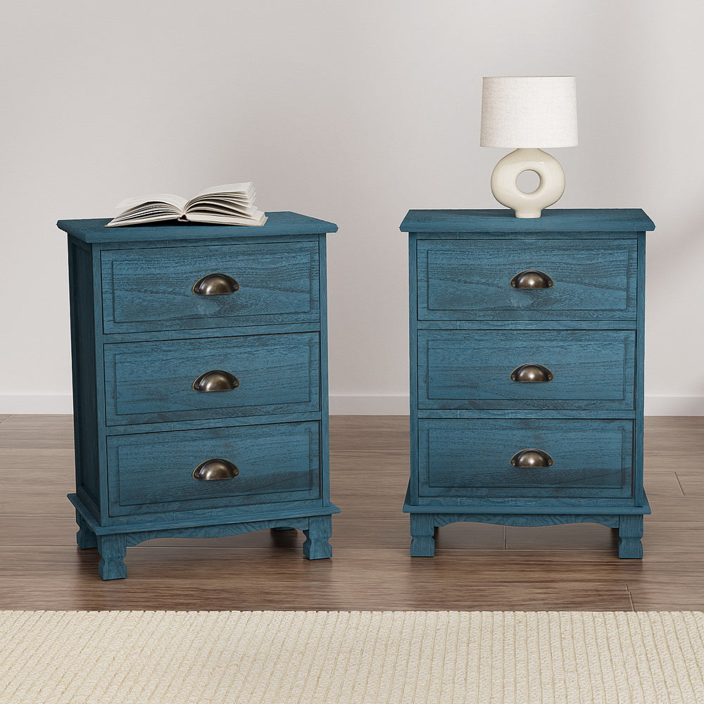 Artiss Thyme Paulownia-Wood Bedside Tables – Blue, Set of 2