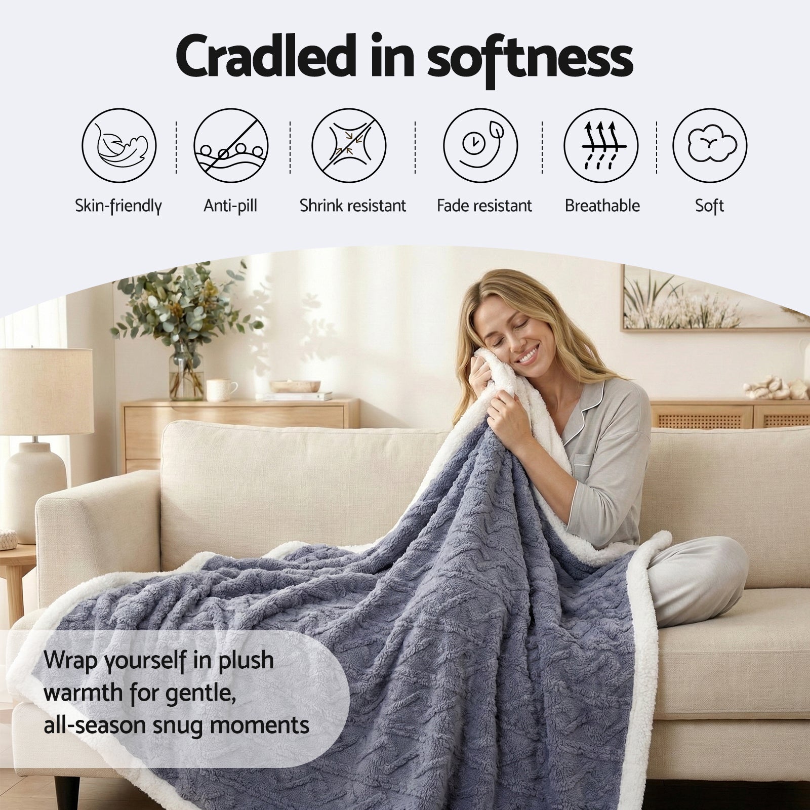 Giselle Bedding Double-Sided Cable Fleece Throw – Grey, 152 × 203 cm